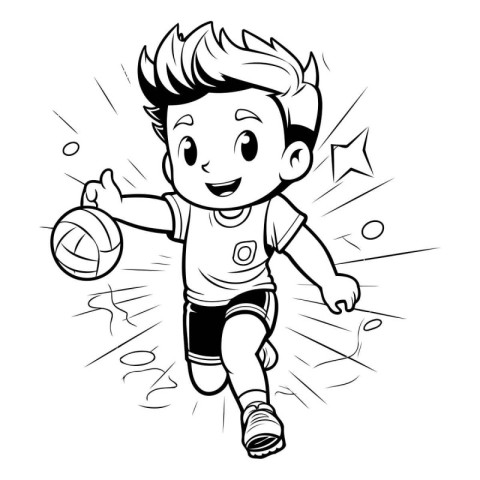 Black and white illustration of a boy playing volleyball on a wh