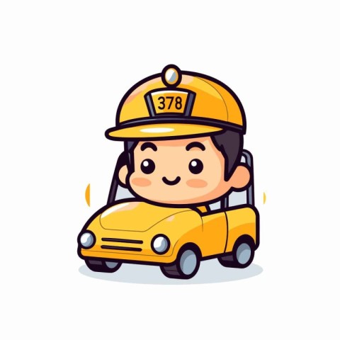 Cute taxi driver with yellow cab. Vector cartoon character illus