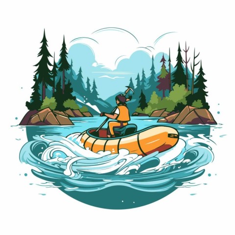 Vector illustration of a man paddling a kayak in the forest