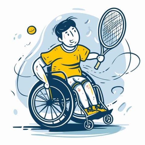 Disabled man in wheelchair playing tennis. Hand drawn vector ill