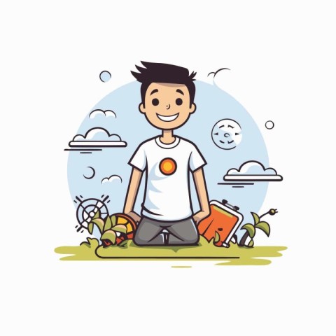 Young man sitting on the grass with a backpack. Vector illustrat