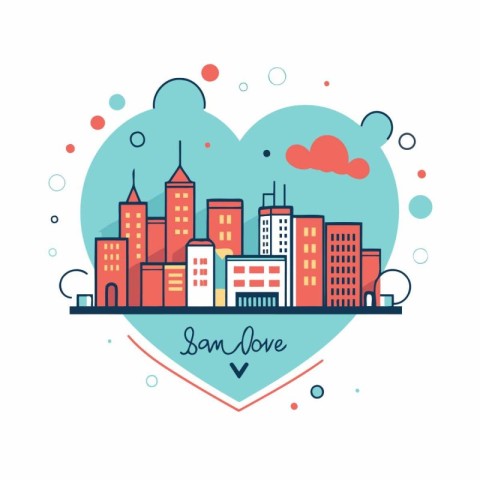 Vector illustration of modern city with heart shape. Flat line s