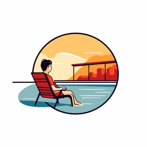 Man sunbathing in deck chair on the beach. Vector illustration.