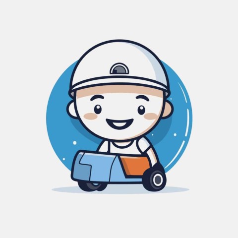 Cute cartoon delivery boy riding a scooter. Vector illustration.