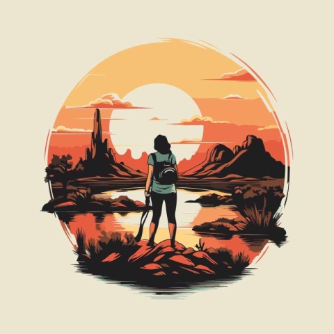 Silhouette of a girl with a backpack on the background of the su