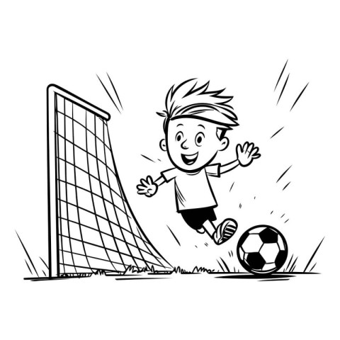 Cartoon soccer player kicking the ball. Black and white vector i