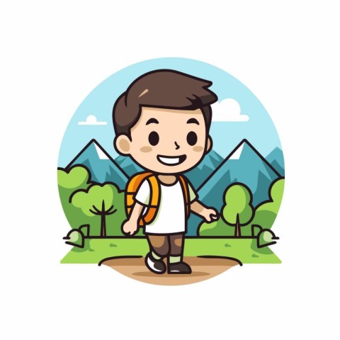 Cute boy with backpack cartoon character in the park vector illu