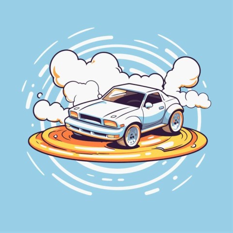 Vector illustration of a car on a background of clouds. Cartoon