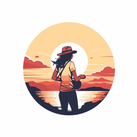 Fisherman with a fishing rod at sunset. Vector illustration.