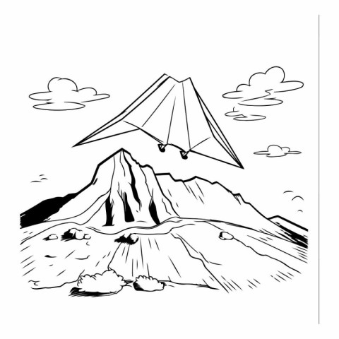 Hand drawn sketch of a mountain with a flying kite. Vector illus