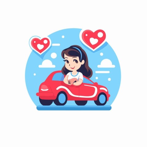 Girl in a red car with hearts. Vector illustration in flat style