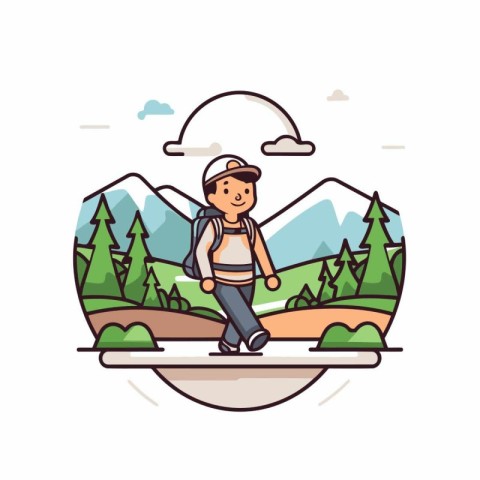 Hiking man with backpack in mountains. Vector illustration in li