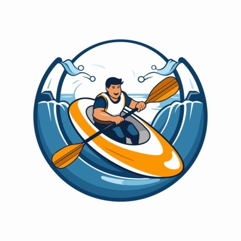 Illustration of a man paddling a kayak viewed from the side set