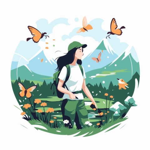 Vector illustration of a girl with a backpack on the background