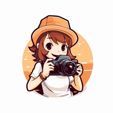 Illustration of a cute girl taking a photo with a camera.