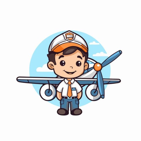 Cute pilot with airplane on white background. Vector cartoon ill