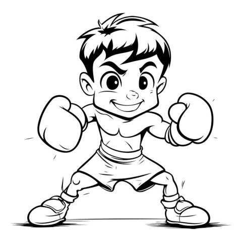 Boxing Kid - Black and White Cartoon Illustration. Vector Art