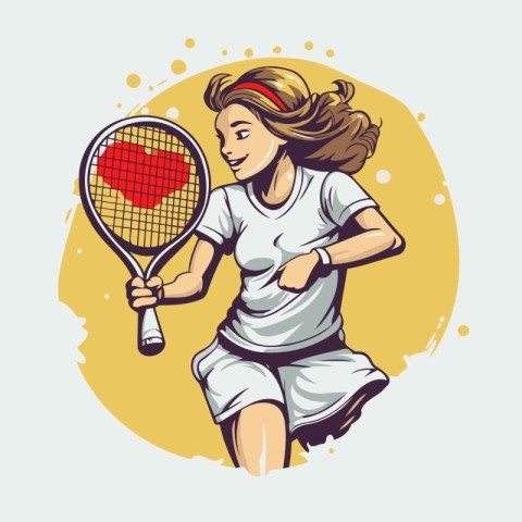 Tennis player girl with racket and ball. Vector illustration in