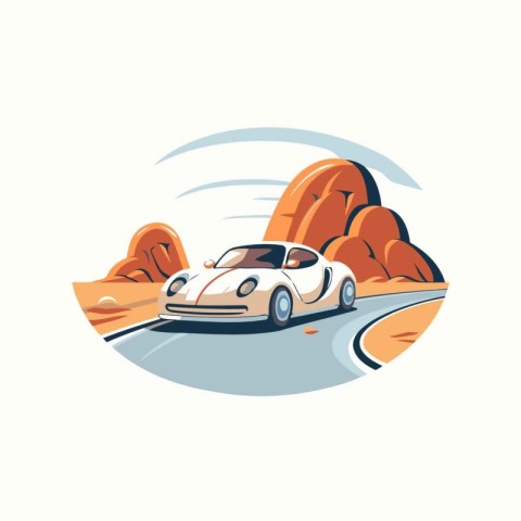 Car on the road in the desert. Vector illustration in flat style