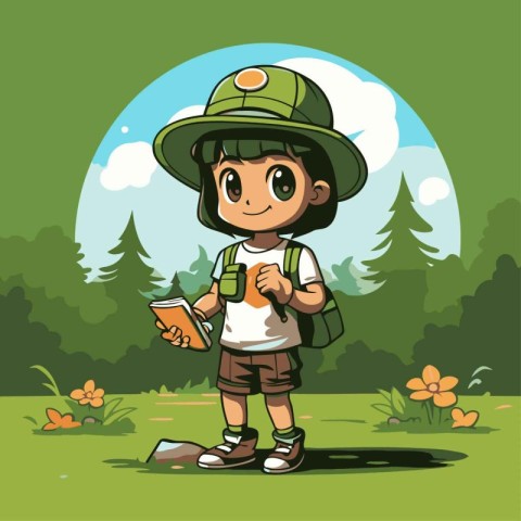 Cute little explorer boy with backpack and map in forest. Vector