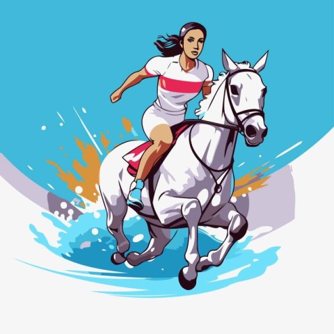 Illustration of a female rider riding a white horse. Vector illu