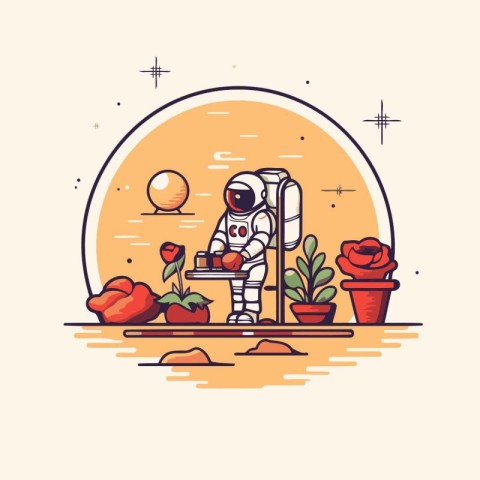 Astronaut with flower. Vector illustration in flat linear style.