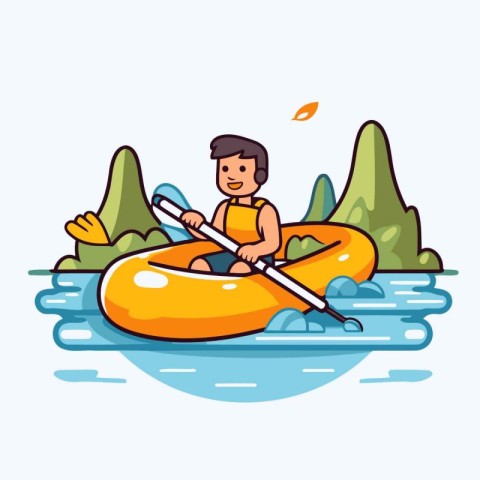 Man kayaking in the river. Vector illustration in cartoon style.