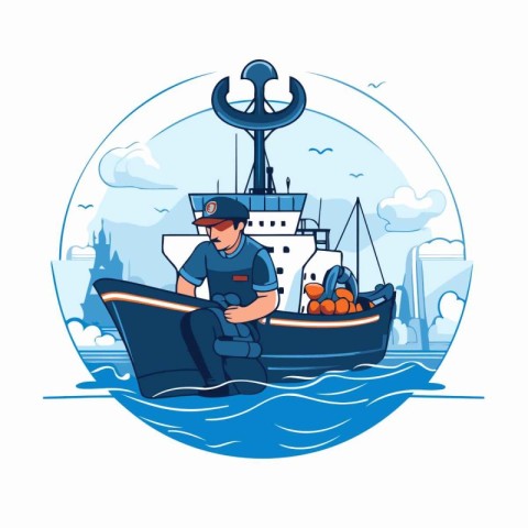 Fisherman in boat. Vector illustration of a man in a uniform and