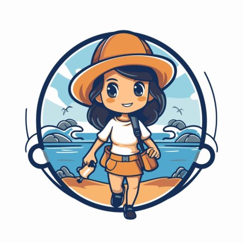 Vector illustration of a girl in a hat with a backpack on the be