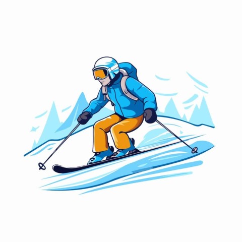 Skier skiing in the mountains. Winter sport. Vector illustration