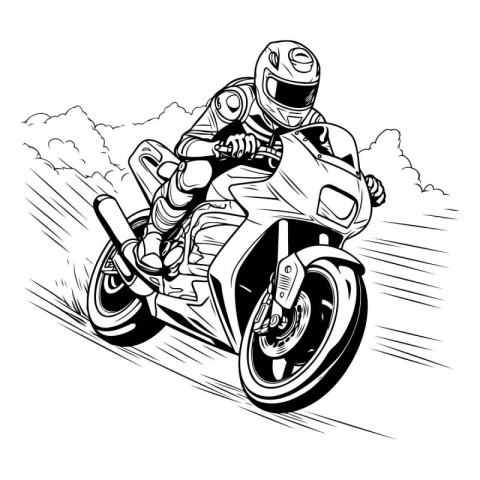 Motorcycle racer on the road. Vector illustration. Monochrome.