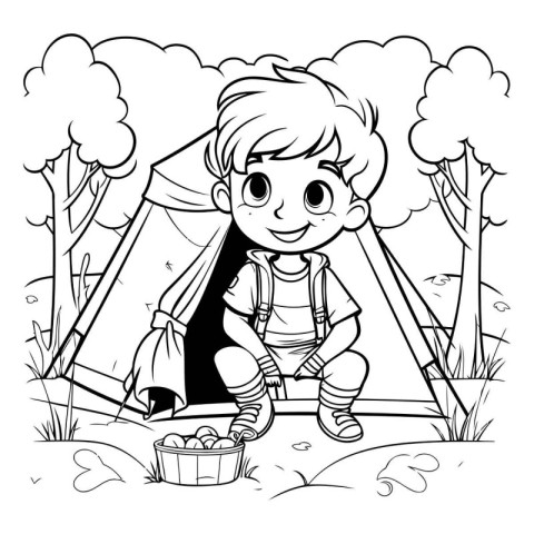 Boy in a tent. Black and white vector illustration for coloring