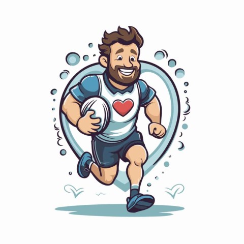 Rugby player running with ball. Vector illustration in cartoon s