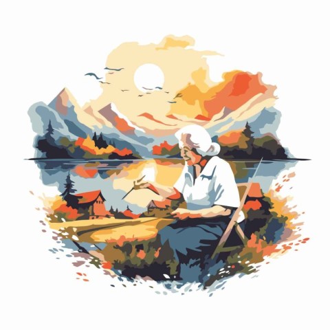 Vector illustration of a senior man sitting by the lake and read