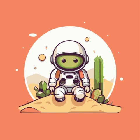 Astronaut sitting on the sand in the desert. Vector illustration