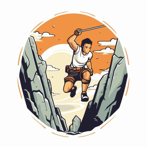 Climber on the mountain. Vector illustration in retro style.