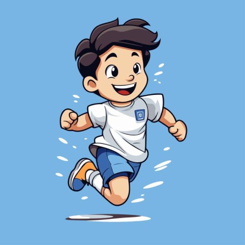 Vector illustration of a boy running and jumping isolated on blu