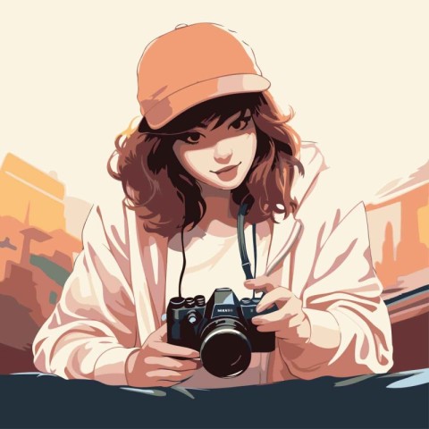 Beautiful girl with a camera. Vector illustration in retro style