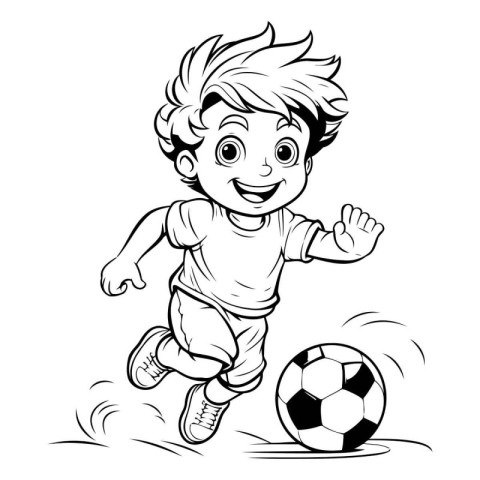 Boy playing soccer. Black and white vector illustration for colo