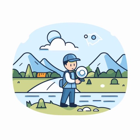 Fisherman in a hat with a magnifying glass in his hand. Vector i