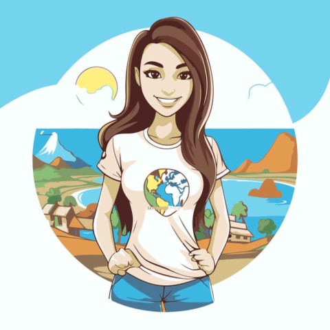 Girl with a globe on a background of the sea. vector illustratio