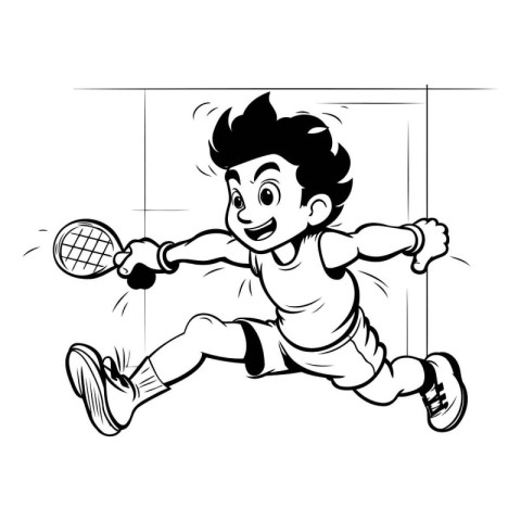 Boy playing tennis. Black and white vector illustration isolated