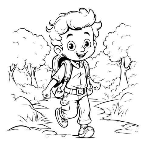 Black and White Cartoon Illustration of Kid Boy Hiking in the Fo