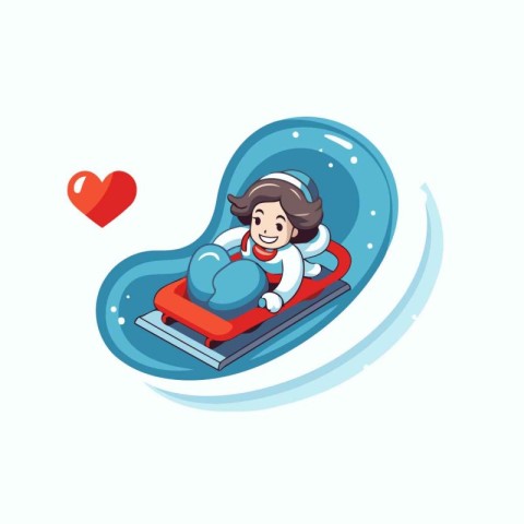 Girl sliding down the hill on a sledge. Vector illustration.