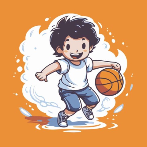 Boy playing basketball. Vector illustration of a happy boy playi