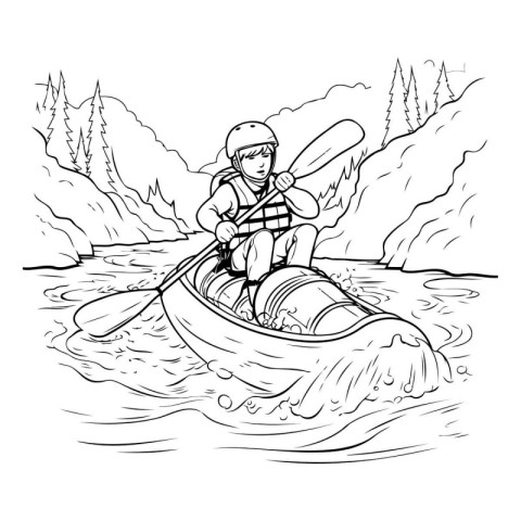 Hand drawn illustration of a man kayaking on a mountain river.