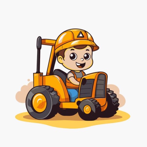 Cartoon little boy driving a tractor. Vector illustration on whi