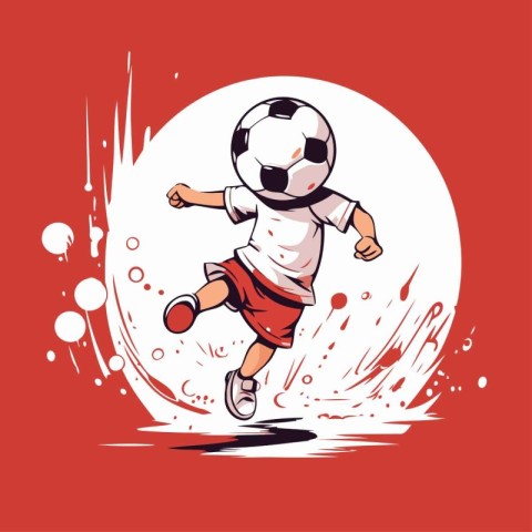 Soccer player kicking the ball on a red background. Vector illus