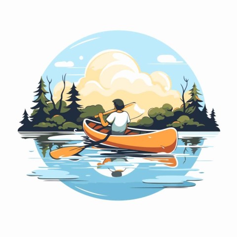 Kayaking on the lake. Vector illustration in flat cartoon style.