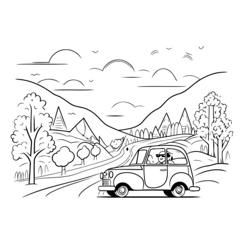 Vector illustration of a retro car on the road with trees and mo